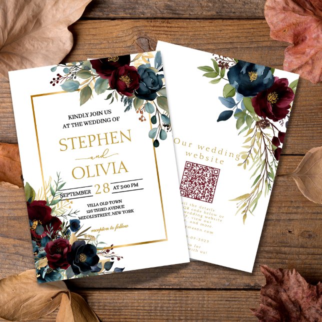 Convites Elegant Burgundy Floral Blooms wedding  QR details (Criador carregado)
