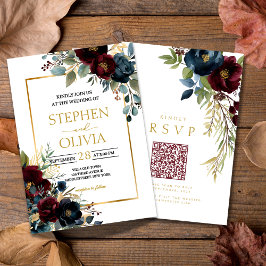Convites Elegant Burgundy Floral Blooms wedding QR RSVP