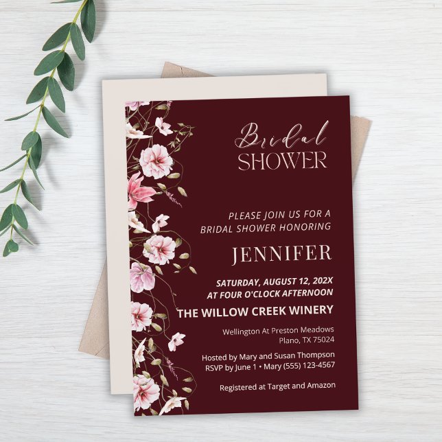 Convites Elegant Burgundy Floral Bridal Shower Invitation (Criador carregado)