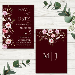 Convites Elegant Burgundy Floral Save the Date Card