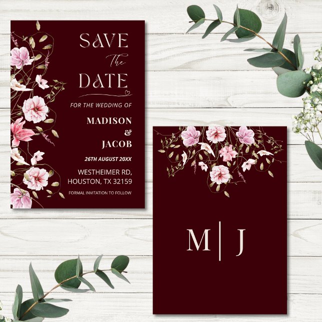 Convites Elegant Burgundy Floral Save the Date Card (Criador carregado)