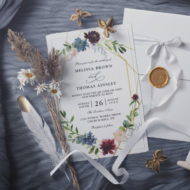 Convites Elegant Burgundy Flowers Budget QR Code Wedding (Criador carregado)