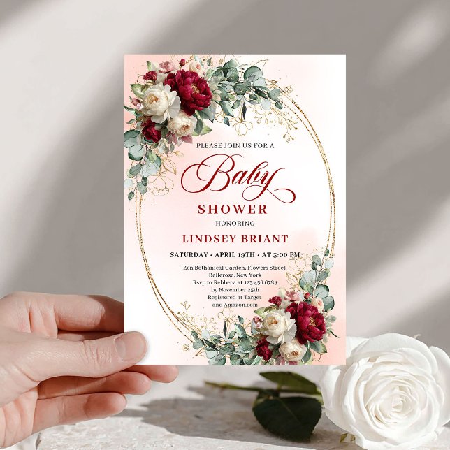 Convites Elegant Burgundy Gold Boho Baby Shower Invitation (Elegant Burgundy Gold Boho Baby Shower Invitation)