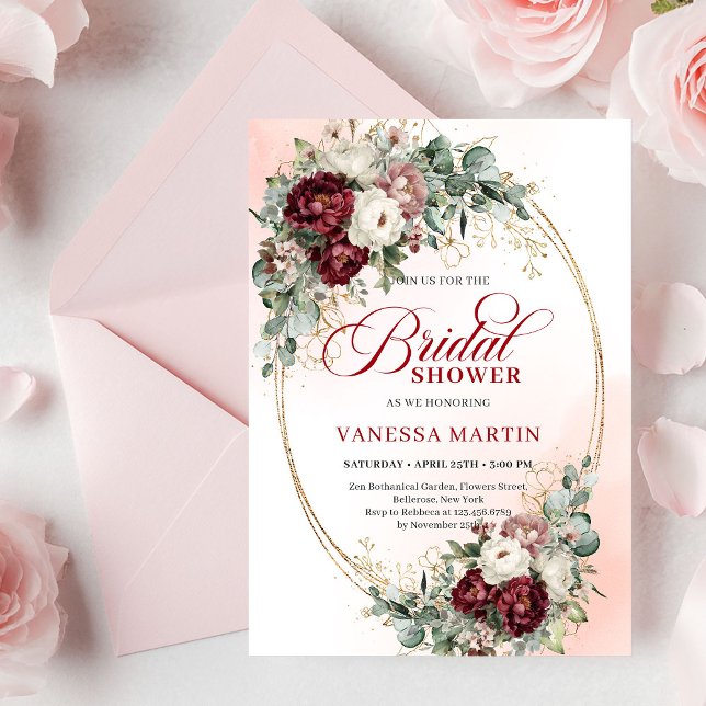 Convites Elegant Burgundy Gold Floral Eucalyptus Shower (Elegant Burgundy Gold Floral Eucalyptus Shower Invite)