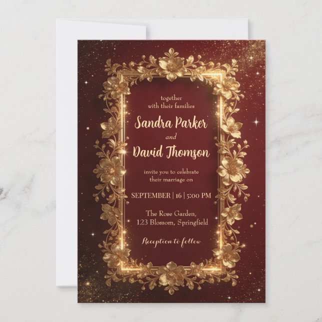 Convites Elegant Burgundy & Gold Floral Frame Wedding  (Frente)