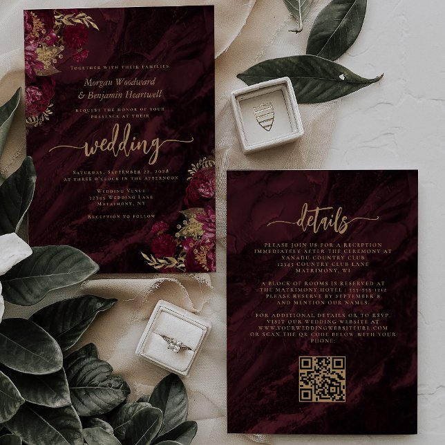 Convites Elegant Burgundy Gold Floral QR Code Wedding (Criador carregado)