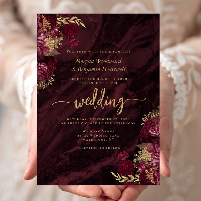 Convites Elegant Burgundy Gold Floral Wedding (Criador carregado)