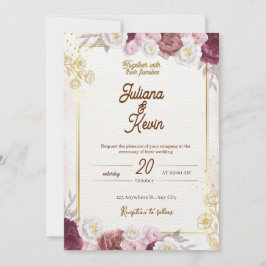 Convites Elegant Burgundy & Gold Floral Wedding Invitation