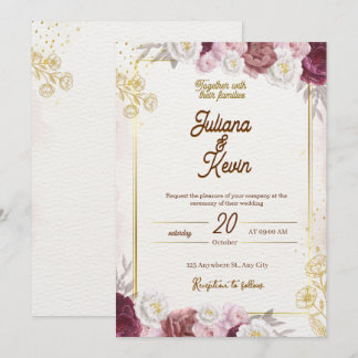 Convites Elegant Burgundy & Gold Floral Wedding Invitation
