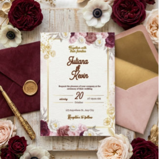 Convites Elegant Burgundy & Gold Floral Wedding Invitation