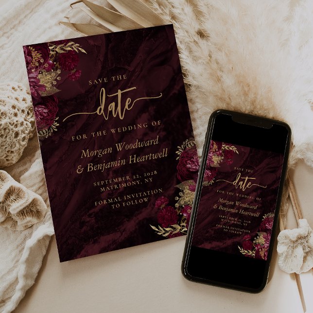 Convites Elegant Burgundy Gold Floral Wedding Save the Date (Criador carregado)