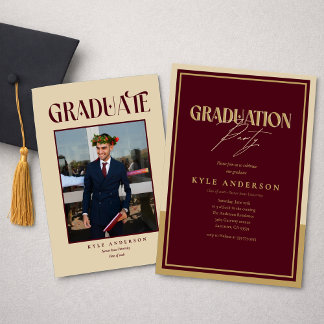 Convites Elegant Burgundy Gold Graduation Party Photo  