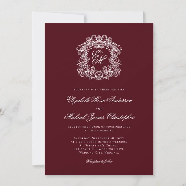 Convites Elegant Burgundy Monogram Crest Wedding (Frente)