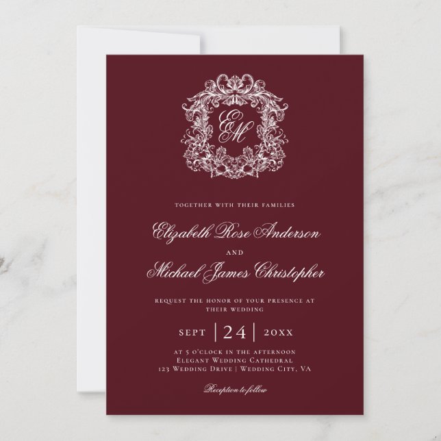 Convites Elegant Burgundy Monogram Wedding Crest (Frente)