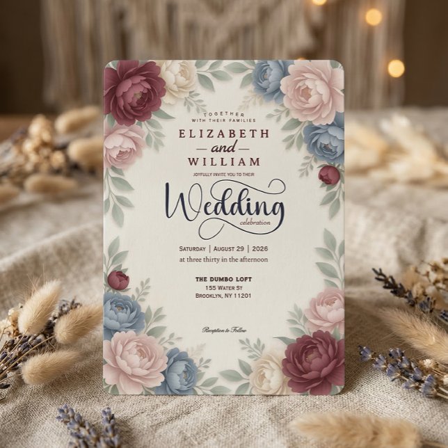 Convites Elegant Burgundy Peonies Roses  QR Code Wedding (Criador carregado)