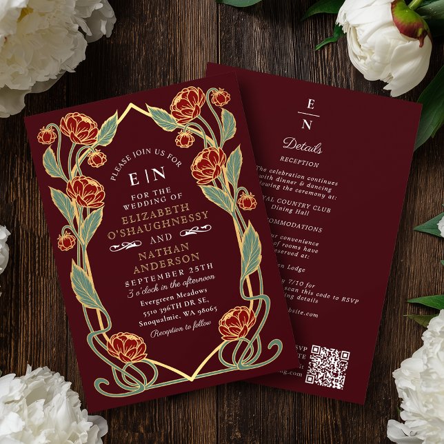 Convites Elegant Burgundy Peony Art Nouveau QR Code Wedding (Criador carregado)
