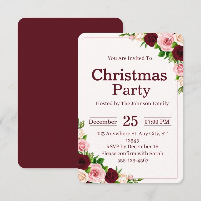 Convites Elegant Burgundy Pink Floral Christmas Party (Frente/Verso)