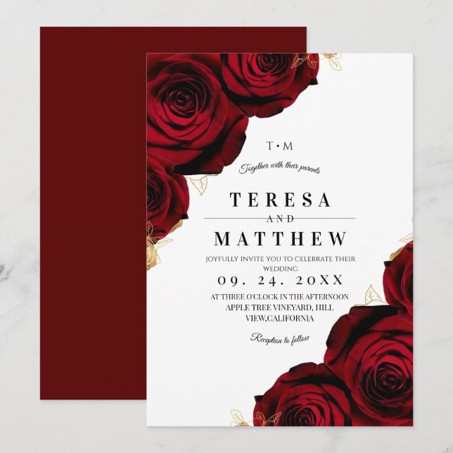 Convites Elegant Burgundy Red Roses Floral Wedding (Frente/Verso)
