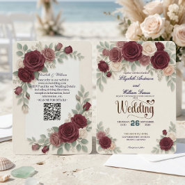 Convites Elegant Burgundy Rose All In One QR Code Wedding
