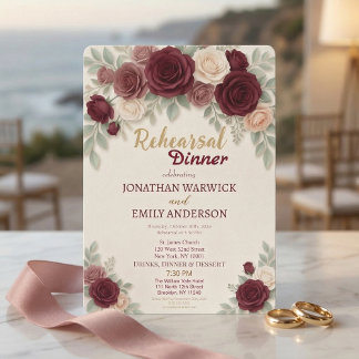 Convites Elegant Burgundy Rose Chic Rehearsal Dinner