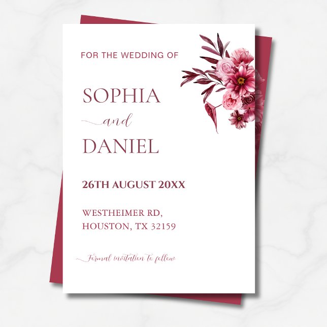 Convites Elegant Burgundy Rose Floral  Save the Date Card  (Criador carregado)