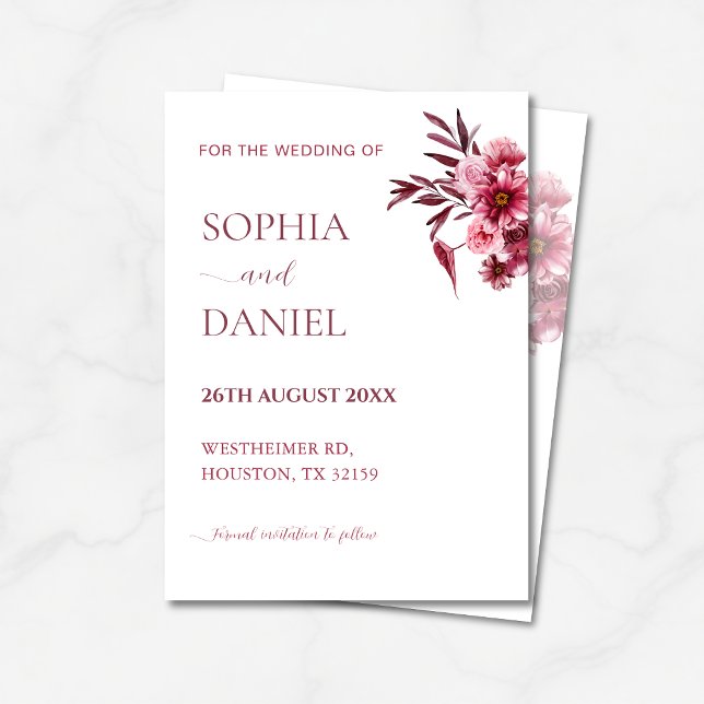 Convites Elegant Burgundy Rose Floral  Save the Date Card  (Criador carregado)
