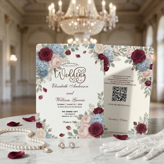 Convites Elegant Burgundy Rose Modern QR Code Wedding (Criador carregado)