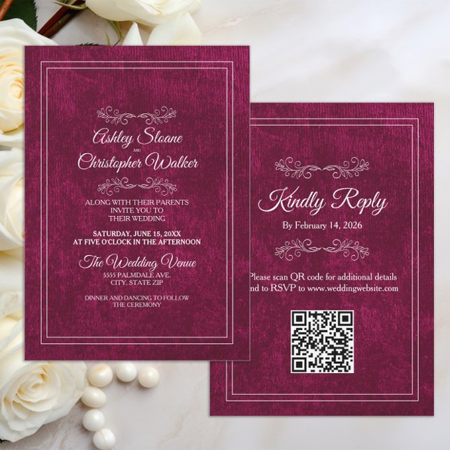 Convites Elegant Burgundy Velvet White QR code Wedding (Burgundy velvet wedding invitation with your QR code)