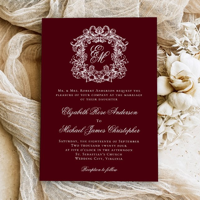 Convites Elegant Burgundy Vintage Crest Monogram Wedding (Criador carregado)