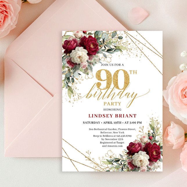 Convites Elegant Burgundy White Floral Gold 90th Birthday  (Elegant Burgundy White Floral Gold 90th Birthday Invite)