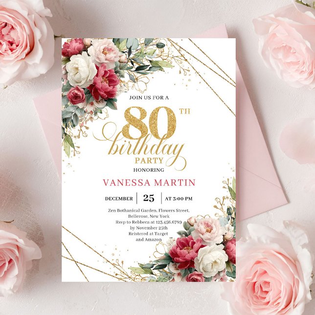 Convites Elegant Burgundy White Gold 80th Birthday Invite (Elegant Burgundy White Gold 80th Birthday Invite)