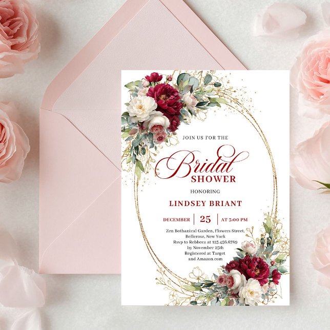 Convites Elegant Burgundy White Rose Gold Bridal Shower  (Elegant Burgundy White Rose Gold Bridal Shower Invitation)