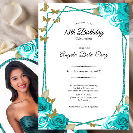 Convites Elegant Butterflies Teal Roses 18th Debut Birthday