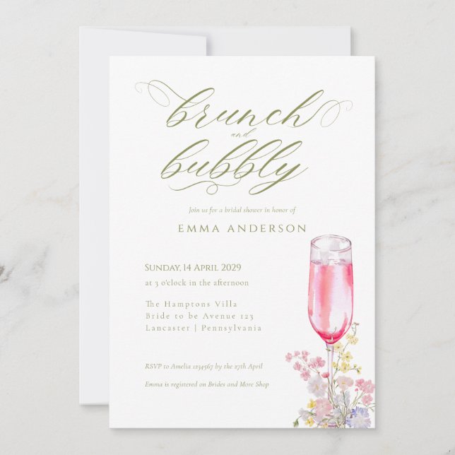 Convites Elegant Calligraphy Brunch & Bubbly Bridal Shower (Frente)