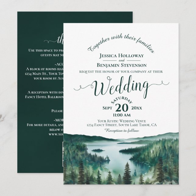 Convites Elegant Calligraphy Lake Tahoe QR Code Wedding (Frente/Verso)