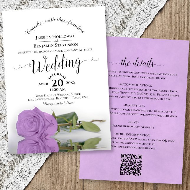 Convites Elegant Calligraphy Lilac Rose QR Code Wedding (Front/Back)