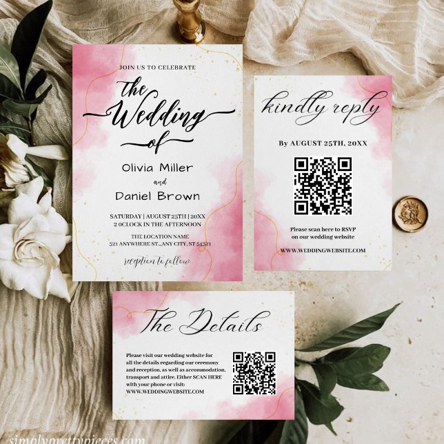 Convites Elegant Calligraphy Modern pink Watercolor Wedding (Criador carregado)