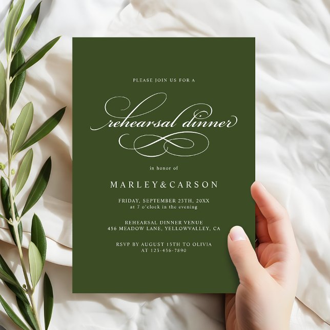 Convites Elegant Calligraphy Olive Green Rehearsal Dinner (Criador carregado)
