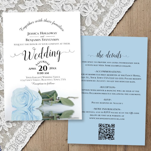 Convites Elegant Calligraphy Pale Blue Rose QR Code Wedding (front/back)