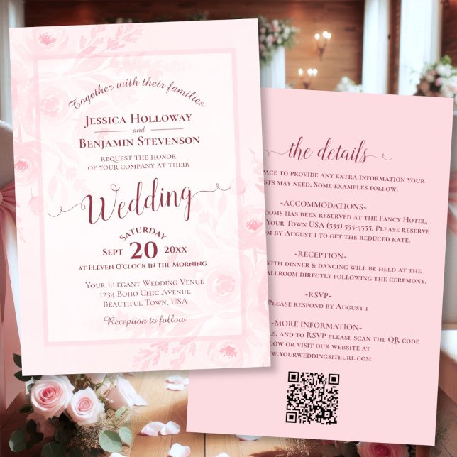 Convites Elegant Calligraphy Pink Peonies QR Code Wedding (Front/Back)