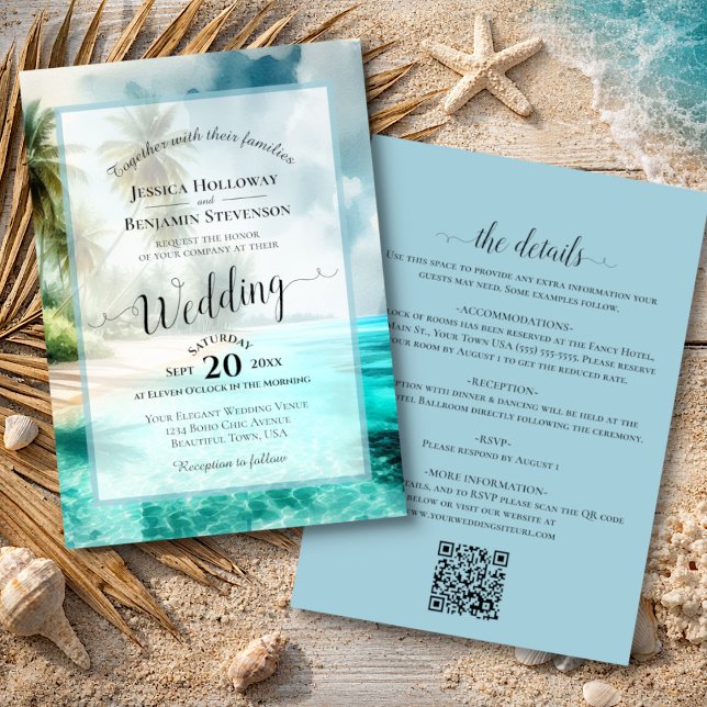 Convites Elegant Calligraphy Tropical Beach QR Code Wedding (Front/Back)