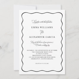 Convites Elegant Calligraphy Wedding Black Wavy Border