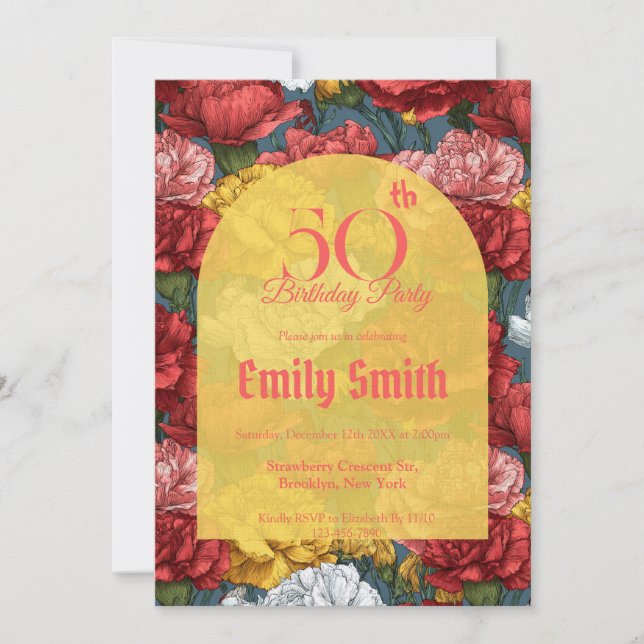 Convites Elegant Carnation Themed Milestone Birthday (Frente)