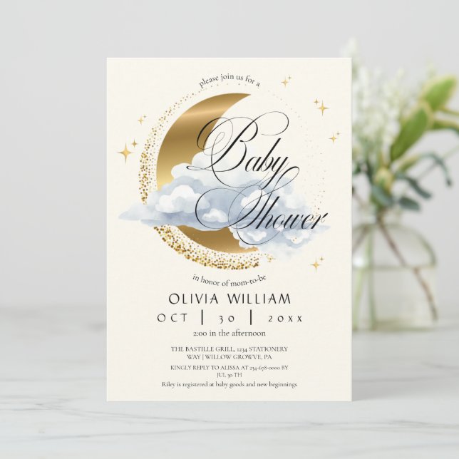 Convites Elegant Celestial Beige Script Baby Shower  (Em pé/Frente)