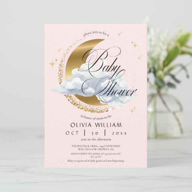 Convites Elegant Celestial Pink Script Baby Shower  (Em pé/Frente)