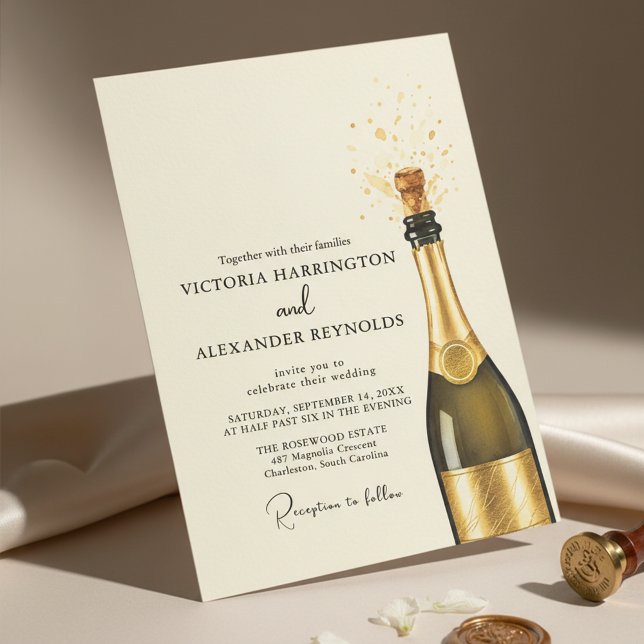 Convites Elegant Champagne Wedding (An elegant wedding invite design featuring a soft cream background with champagne gold)
