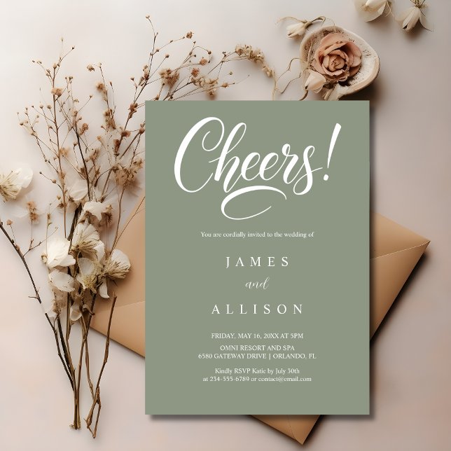 Convites Elegant Cheers Script Sage Green Wedding  (Criador carregado)