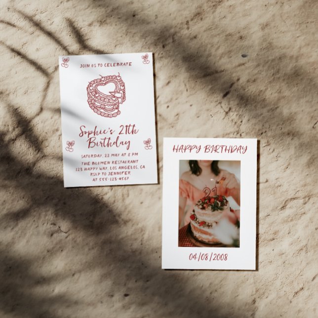Convites Elegant Cherry Birthday Invitation with Heart Cake (Criador carregado)