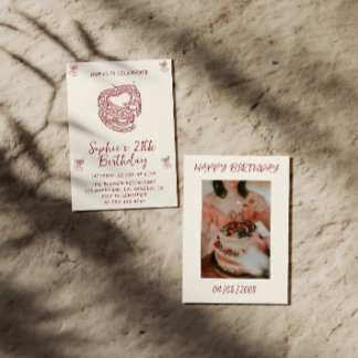 Convites Elegant Cherry Birthday Invitation with Heart Cake