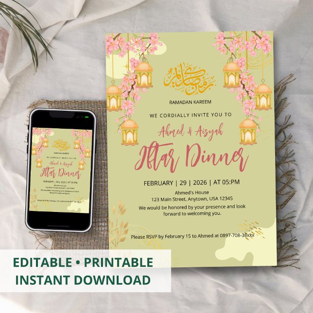 Convites Elegant Cherry Blossom & Lanterns Iftar Dinner (Criador carregado)